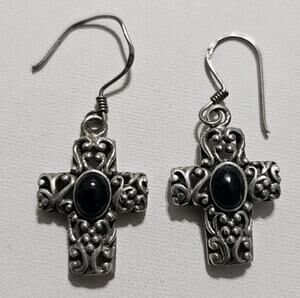 Onyx Cross Filigree Dangle Silver Earrings 925